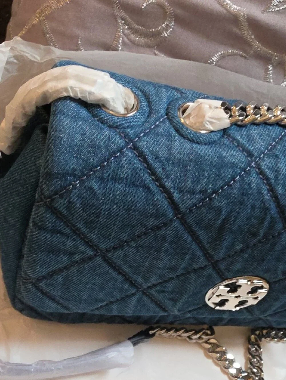 Tory Burch Quilted Denim Shoulder Bag with Gold Chain